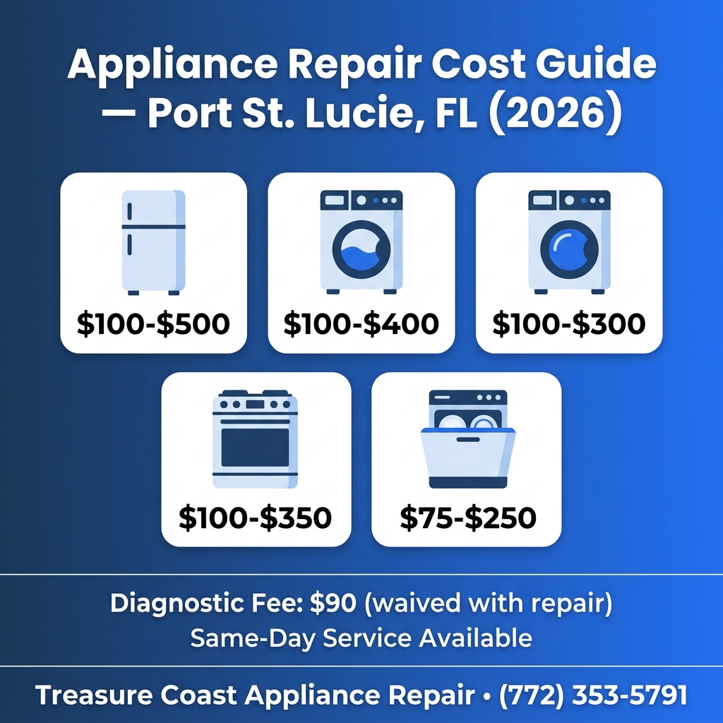Appliance Repair Cost Guide for Port Saint Lucie FL 2026 showing price ranges for refrigerator, washer, dryer, oven, and dishwasher repair
