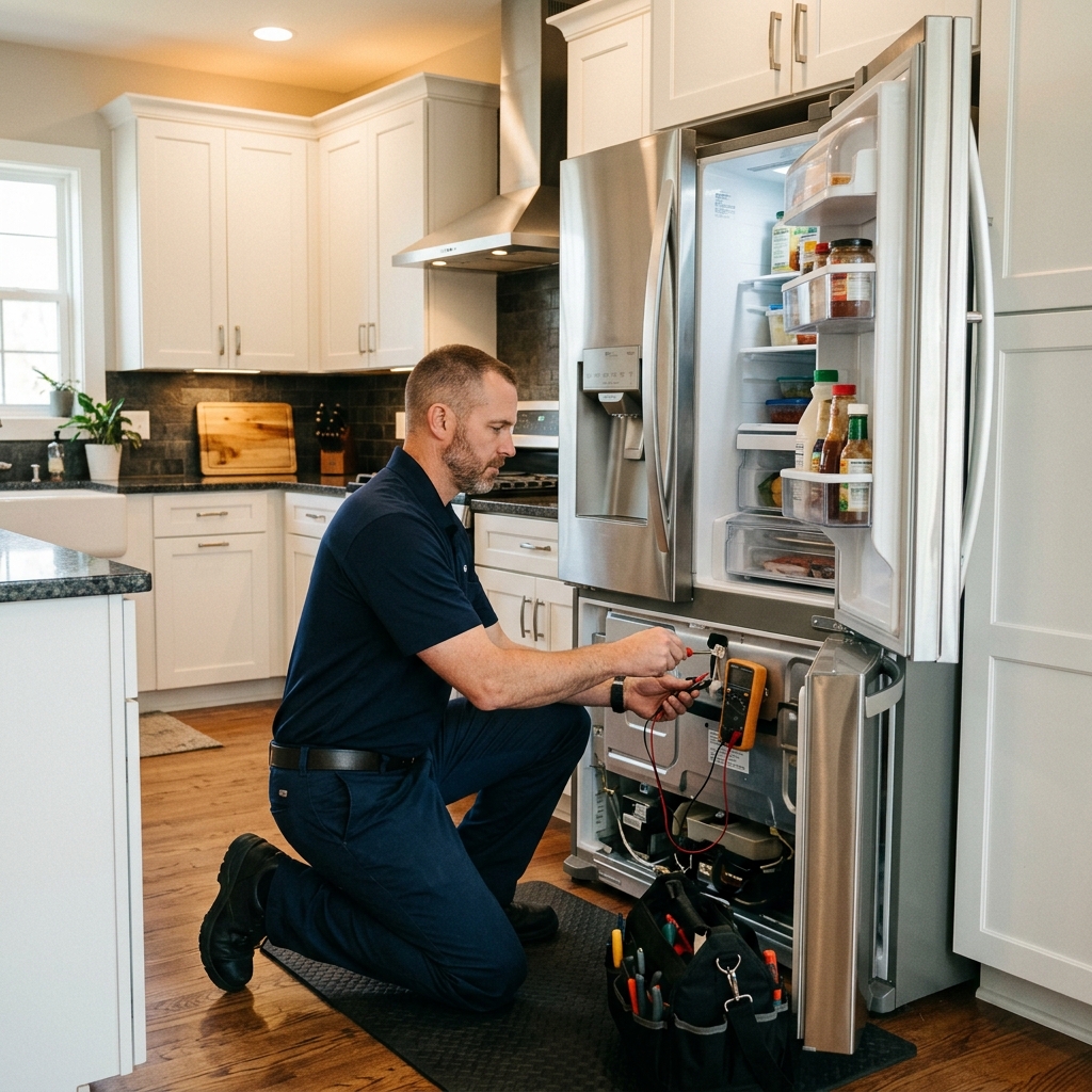 Professional appliance repair technician servicing a refrigerator in a modern kitchen in Port St. Lucie, Florida