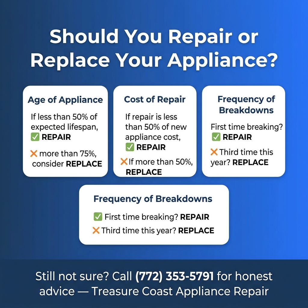 Should you repair or replace your appliance decision guide showing age, cost, and frequency factors